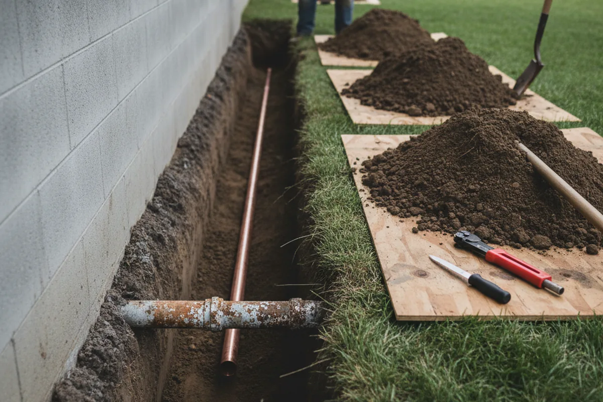 Excavated water line trench during Water Heater Repair in Kenmore